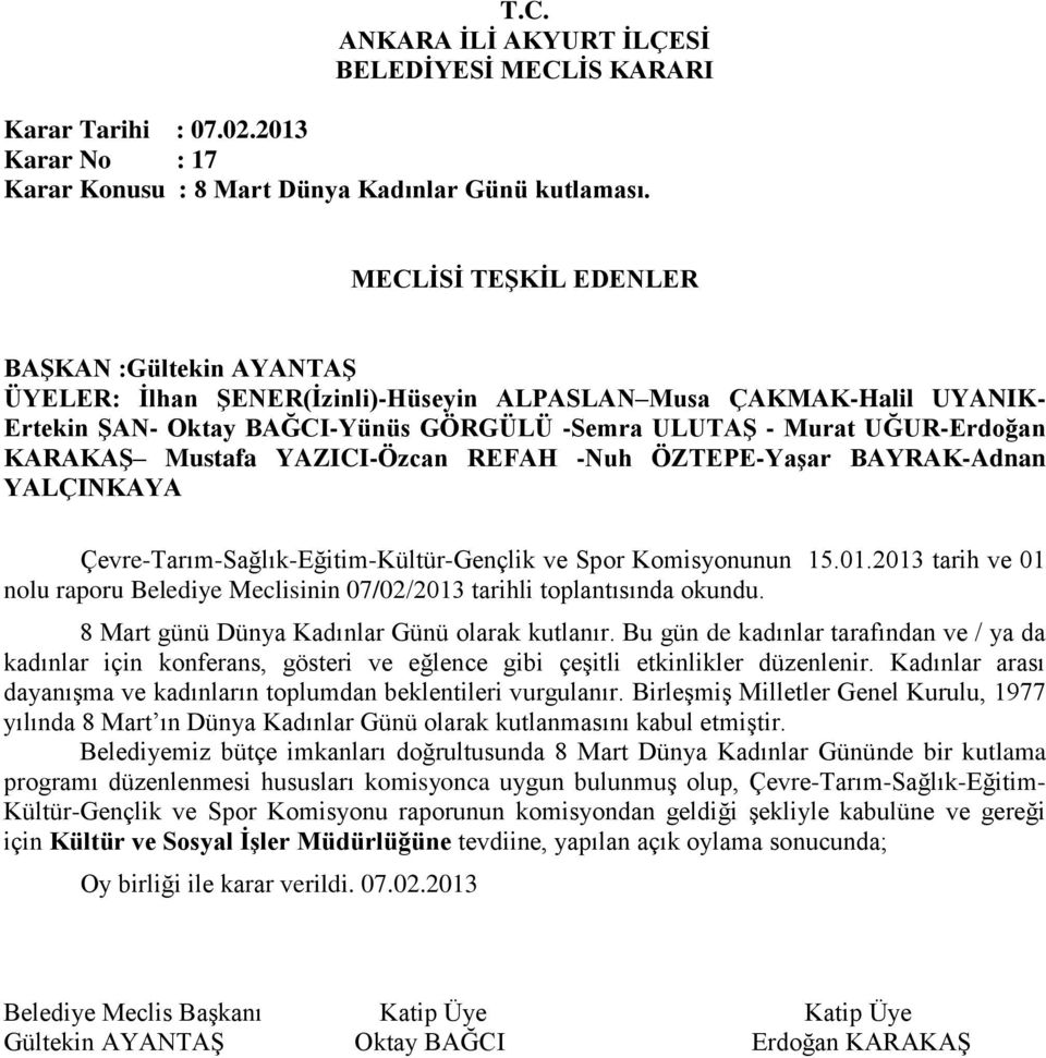 Kadınlar arası dayanışma ve kadınların toplumdan beklentileri vurgulanır. Birleşmiş Milletler Genel Kurulu, 1977 yılında 8 Mart ın Dünya Kadınlar Günü olarak kutlanmasını kabul etmiştir.