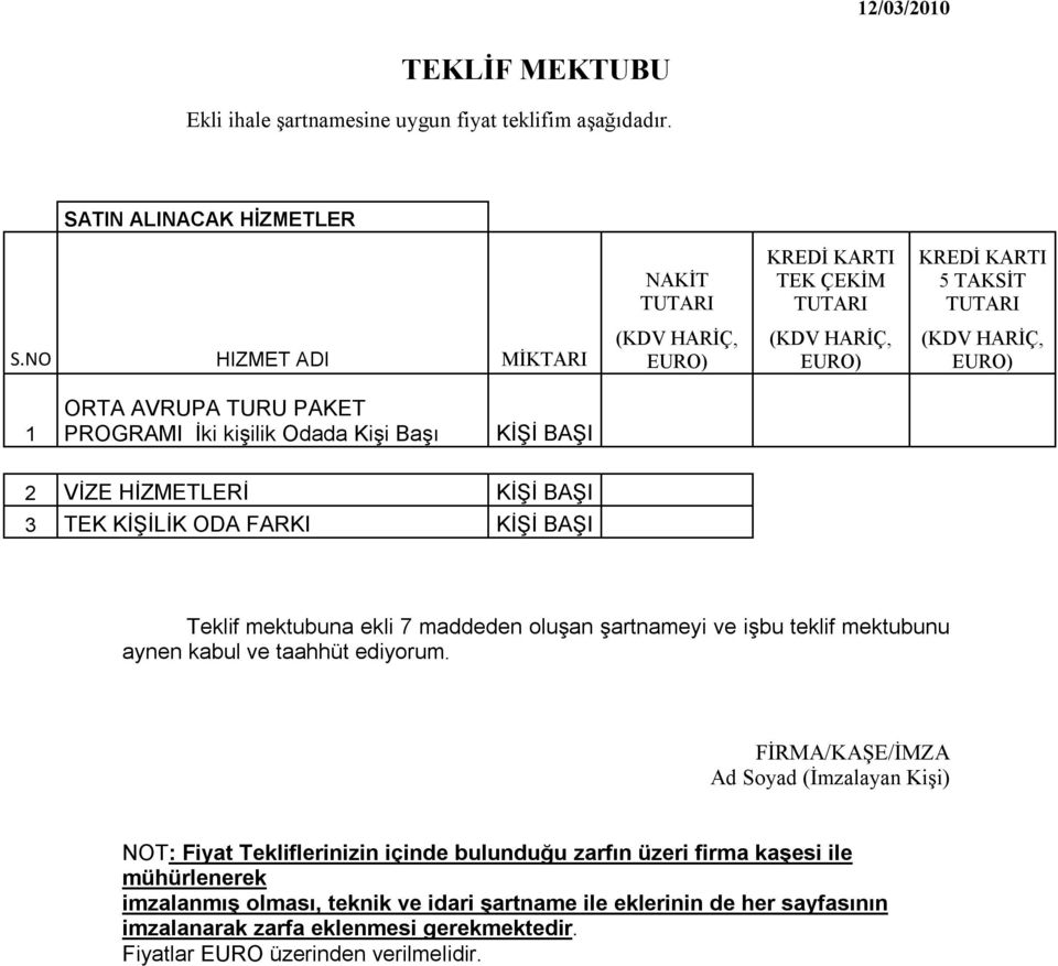 FARKI KİŞİ BAŞI Teklif mektubuna ekli 7 maddeden oluşan şartnameyi ve işbu teklif mektubunu aynen kabul ve taahhüt ediyorum.