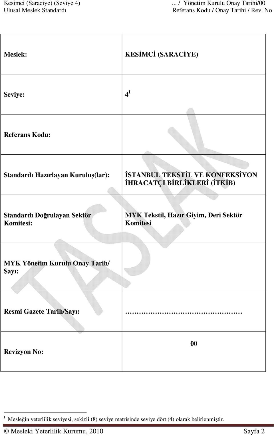 (İTKİB) Standardı Doğrulayan Sektör Komitesi: MYK Tekstil, Hazır Giyim, Deri Sektör Komitesi MYK Yönetim Kurulu Onay Tarih/ Sayı: Resmi Gazete