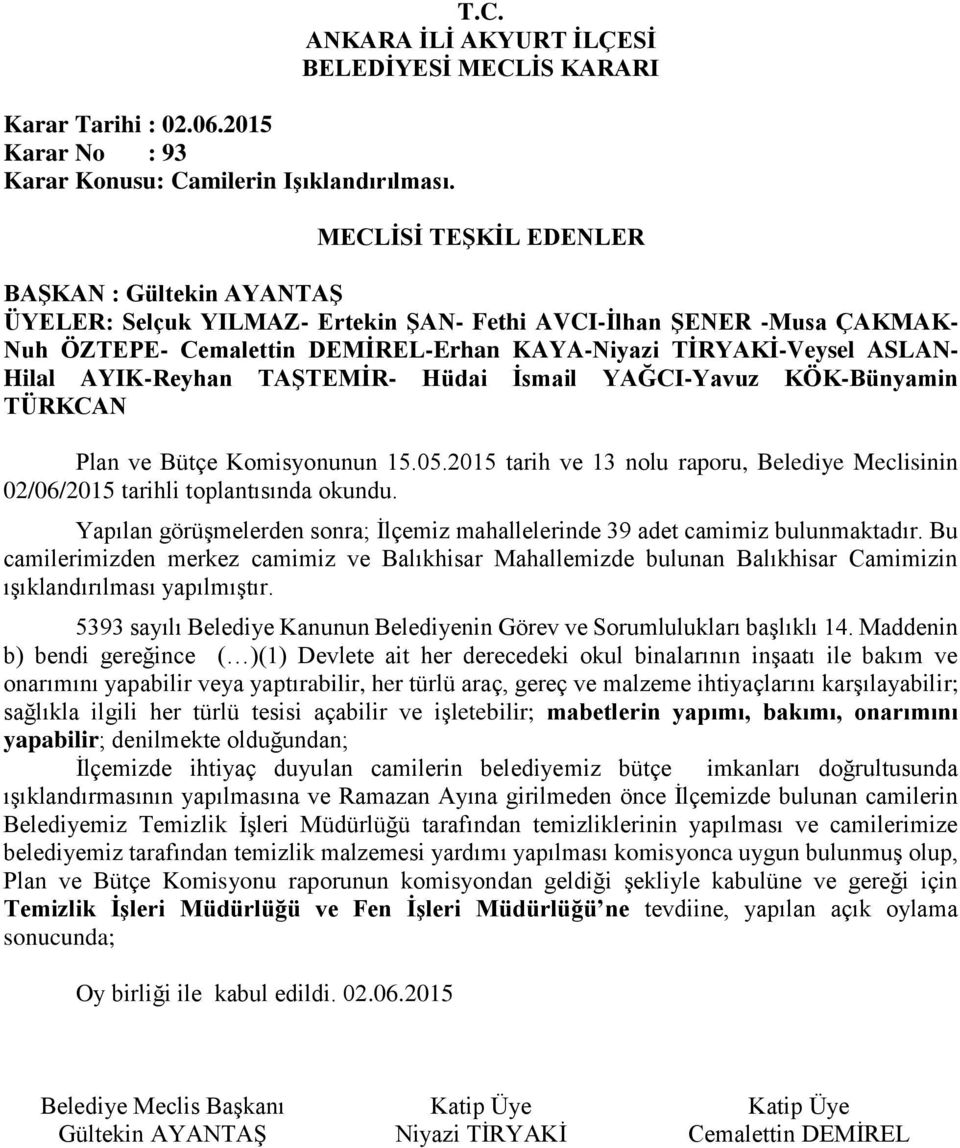 Bu camilerimizden merkez camimiz ve Balıkhisar Mahallemizde bulunan Balıkhisar Camimizin ışıklandırılması yapılmıştır. 5393 sayılı Belediye Kanunun Belediyenin Görev ve Sorumlulukları başlıklı 14.