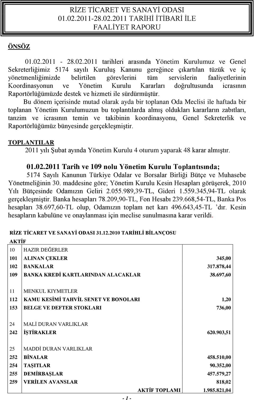 2011 TARİHİ İTİBARİ İLE FAALİYET RAPORU ÖNSÖZ 01.02.