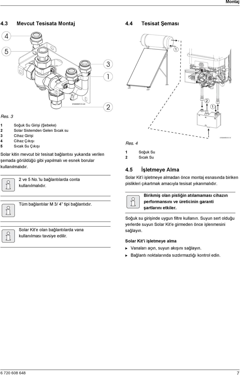 yapılmalı ve esnek borular kullanılmalıdır. 2 ve 5 No. lu bağlantılarda conta kullanılmalıdır. Tüm bağlantılar M 3/ 4 tipi bağlantıdır. Solar Kit e olan bağlantılarda vana kullanılması tavsiye edilir.