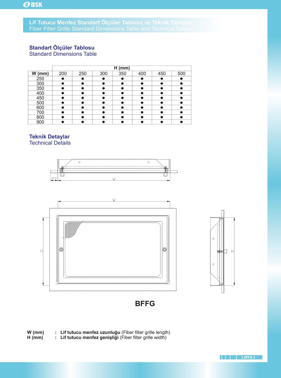 700 800 900 H (mm) 00 50 300 350 400 450 500 Teknik Detaylar Technical Details BFFG W (mm) H (mm) : Lif