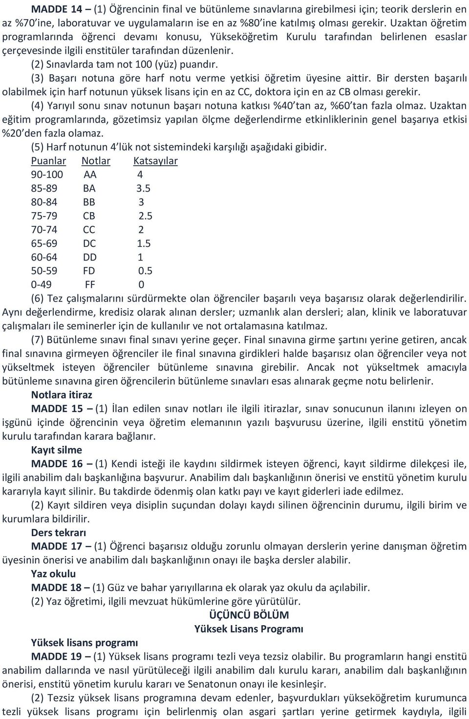 (3) Başarı notuna göre harf notu verme yetkisi öğretim üyesine aittir. Bir dersten başarılı olabilmek için harf notunun yüksek lisans için en az CC, doktora için en az CB olması gerekir.