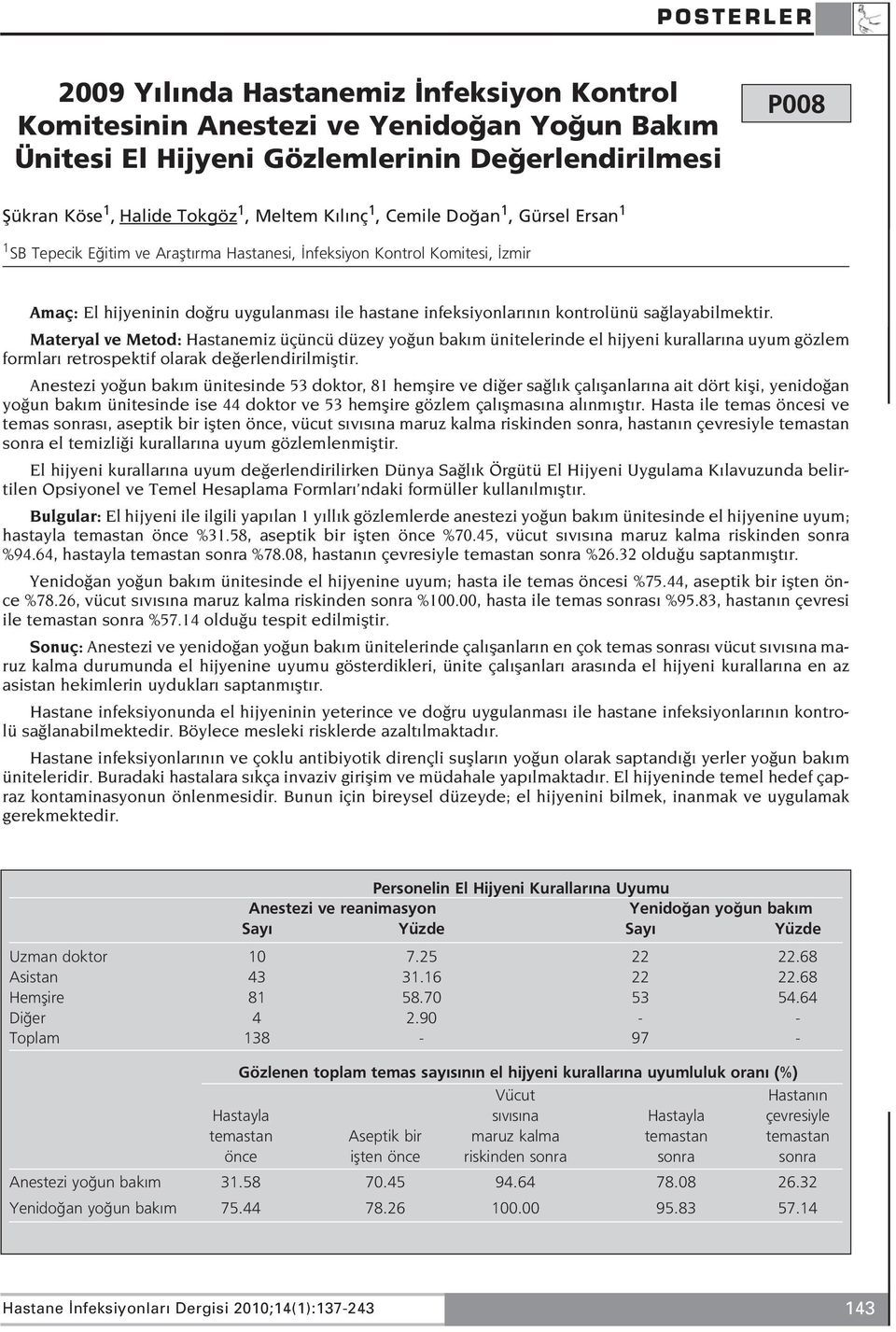 layabilmektir. Materyal ve Metod: Hastanemiz üçüncü düzey yo un bak m ünitelerinde el hijyeni kurallar na uyum gözlem formlar retrospektif olarak de erlendirilmifltir.