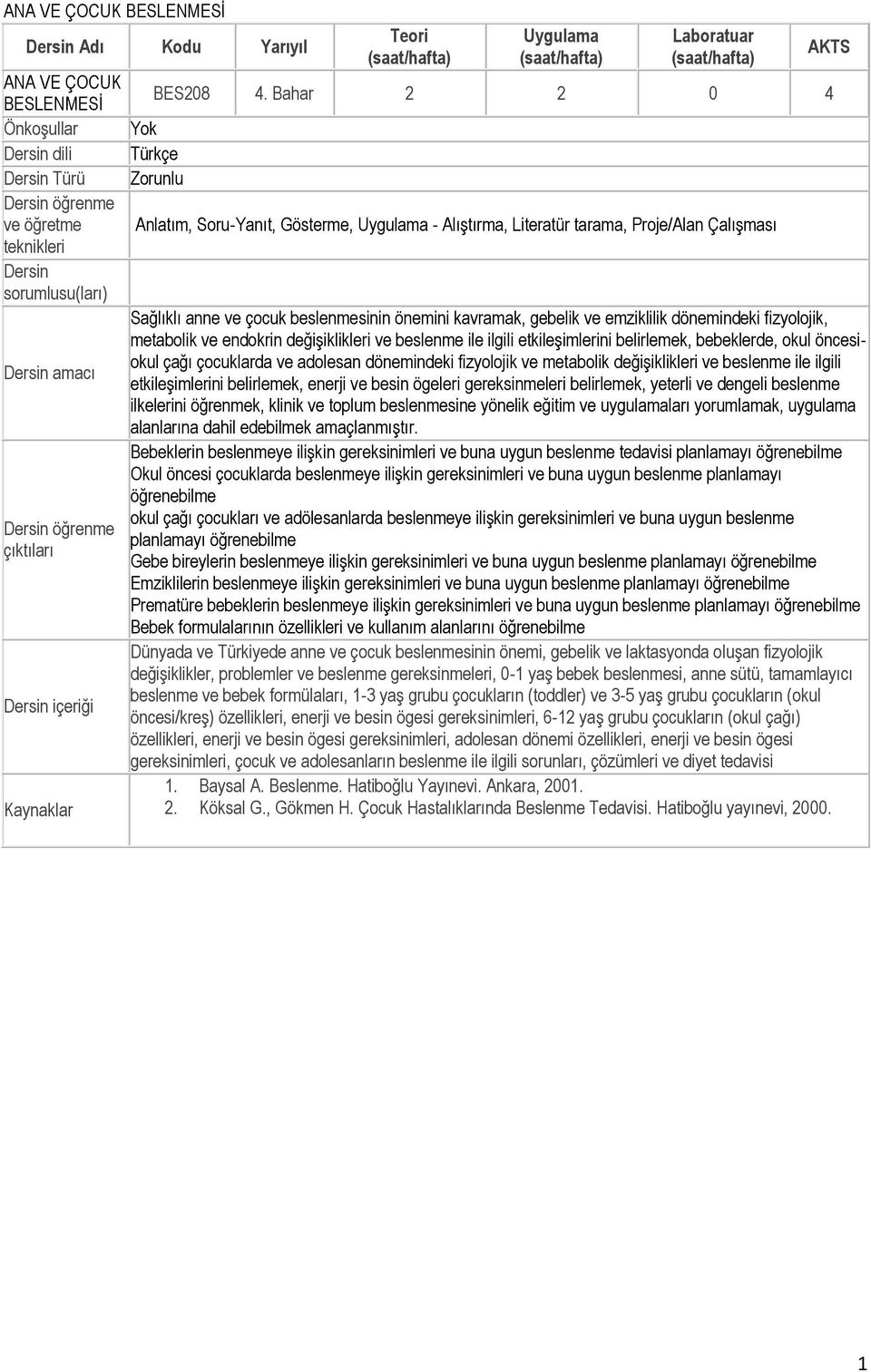 sorumlusu(ları) Sağlıklı anne ve çocuk beslenmesinin önemini kavramak, gebelik ve emziklilik dönemindeki fizyolojik, metabolik ve endokrin değişiklikleri ve beslenme ile ilgili etkileşimlerini