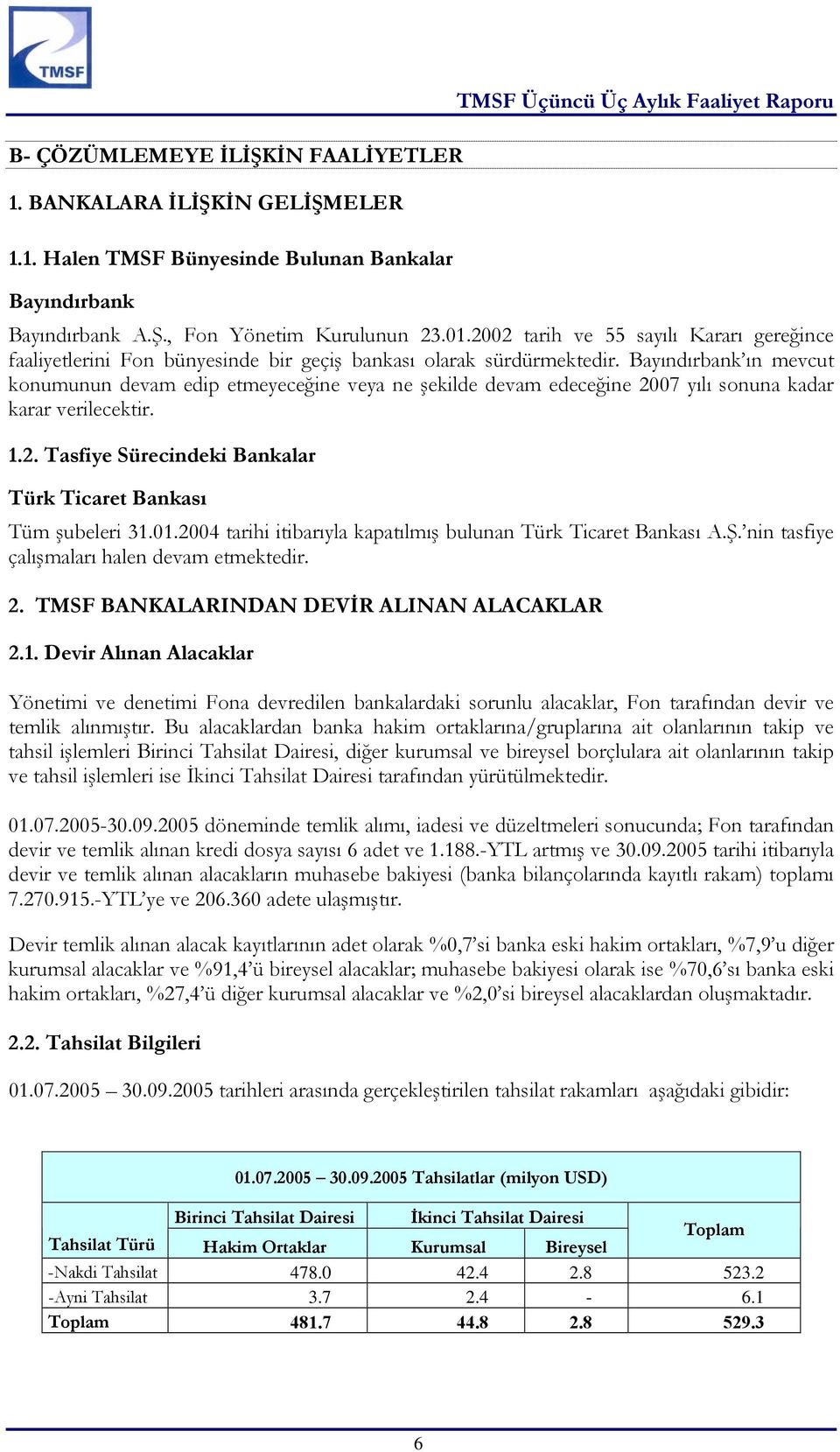 Bayındırbank ın mevcut konumunun devam edip etmeyeceğine veya ne şekilde devam edeceğine 2007 yılı sonuna kadar karar verilecektir. 1.2. Tasfiye Sürecindeki Bankalar Türk Ticaret Bankası Tüm şubeleri 31.