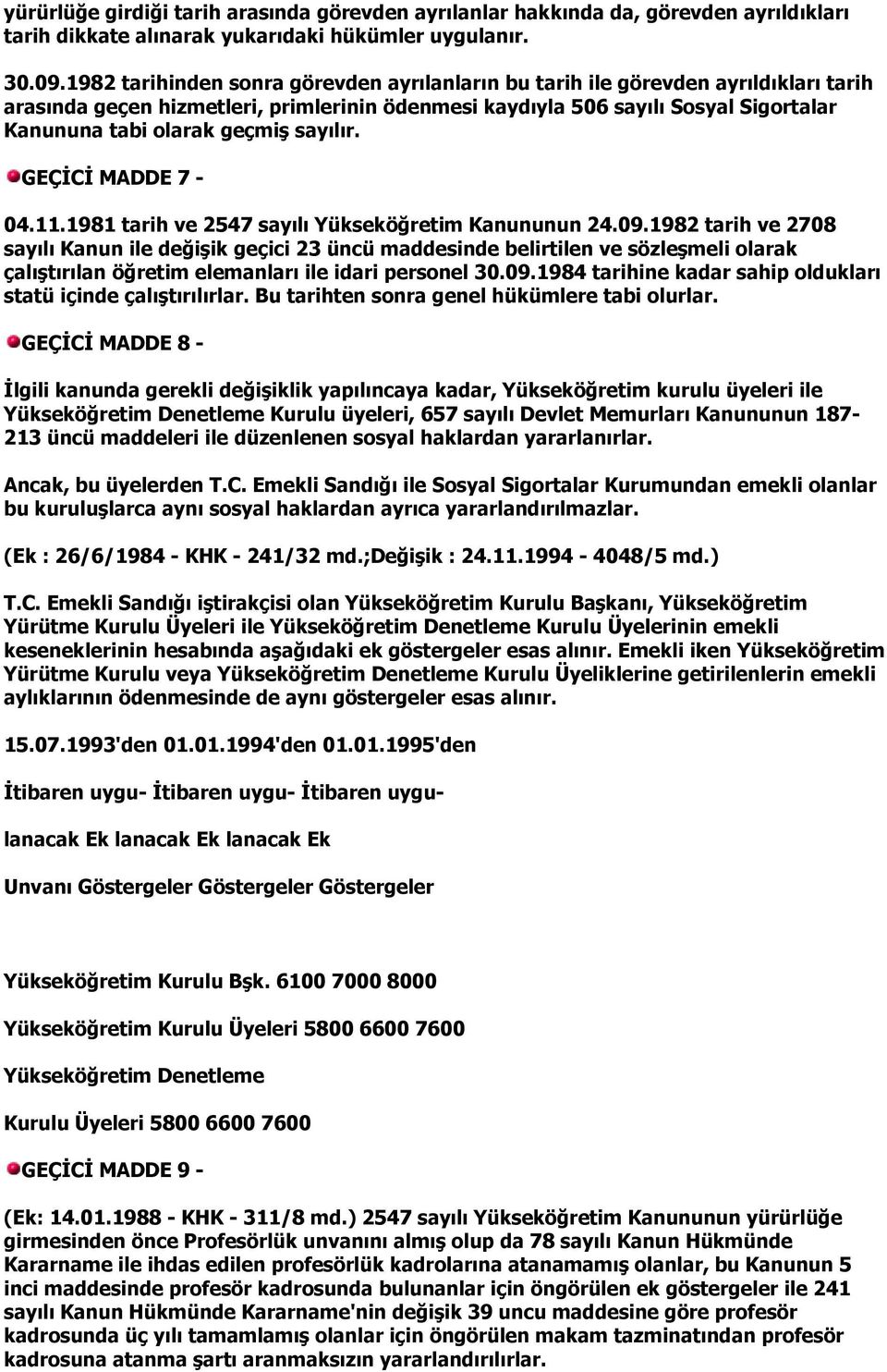 sayılır. GEÇİCİ MADDE 7-04.11.1981 tarih ve 2547 sayılı Yükseköğretim Kanununun 24.09.