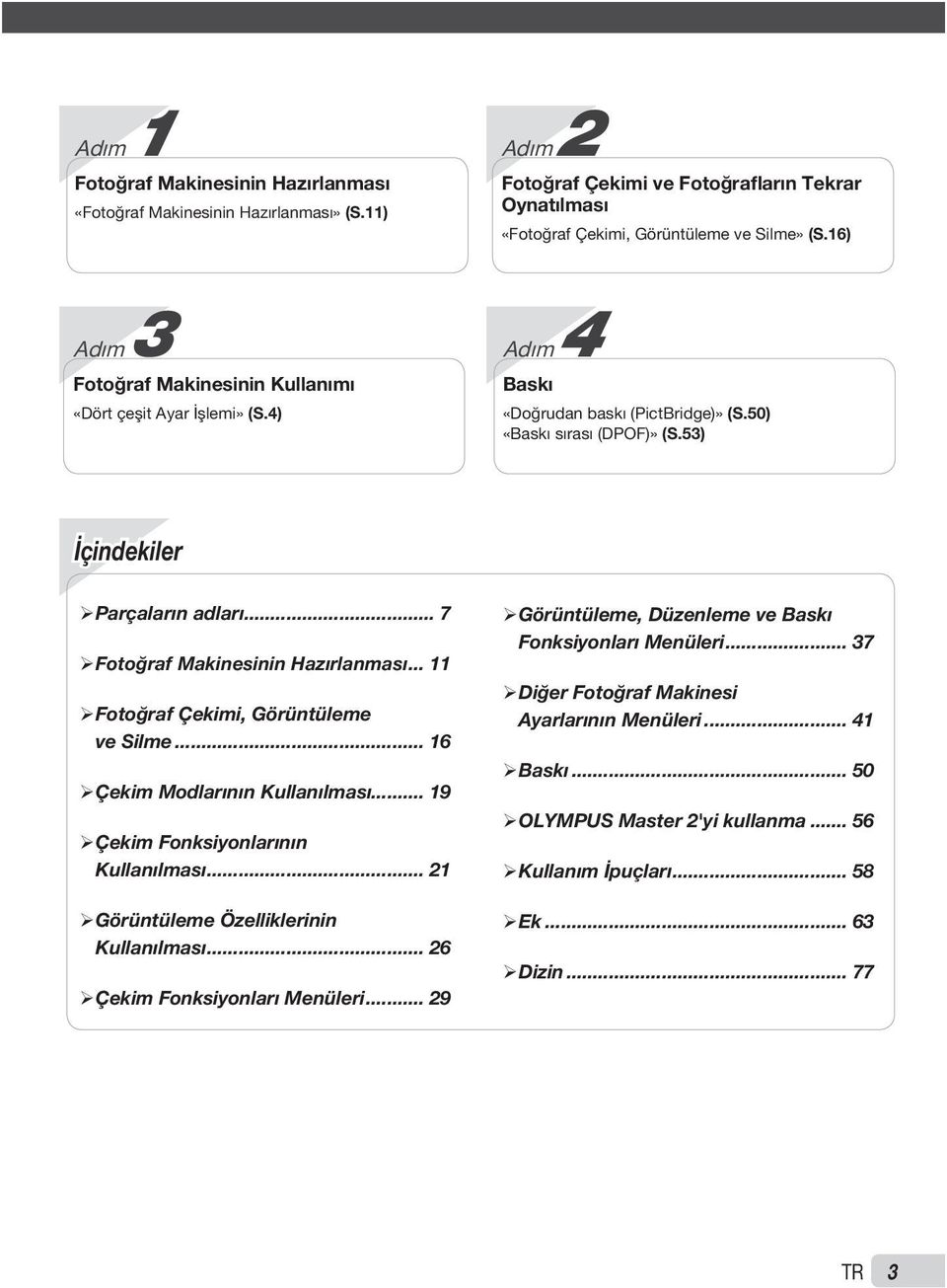 .. 7 Fotoğraf Makinesinin Hazırlanması... 11 Fotoğraf Çekimi, Görüntüleme ve Silme... 16 Çekim Modlarının Kullanılması... 19 Çekim Fonksiyonlarının Kullanılması.