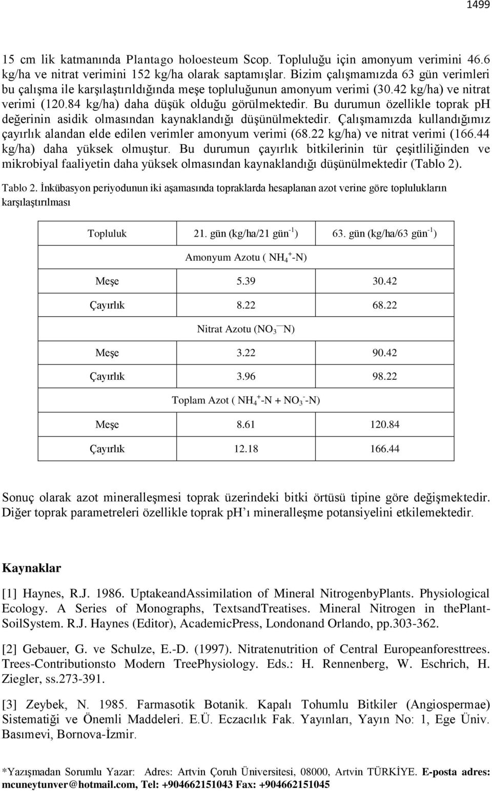 Bu durumun özellikle toprak ph değerinin asidik olmasından kaynaklandığı düşünülmektedir. Çalışmamızda kullandığımız çayırlık alandan elde edilen verimler amonyum verimi (68.