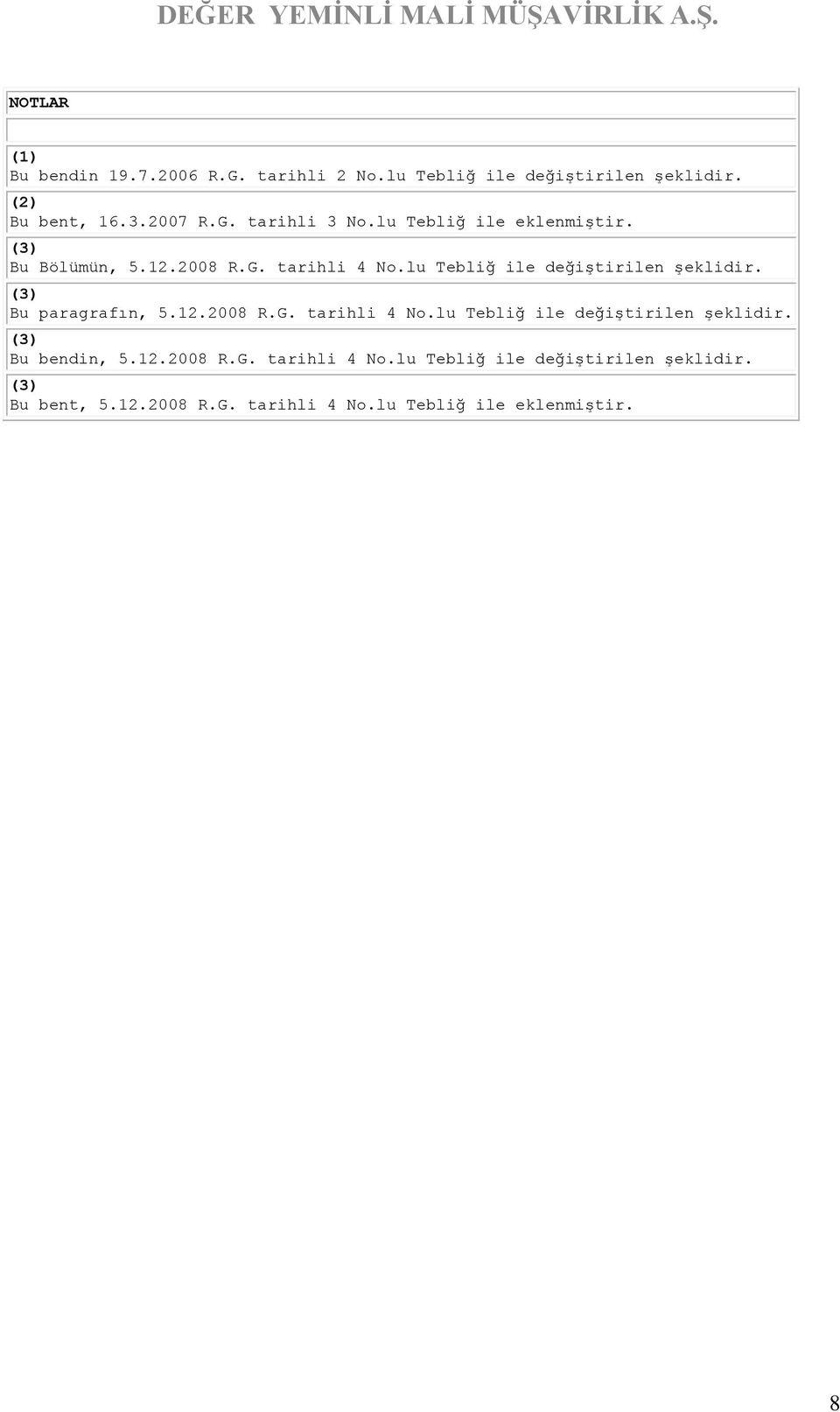 (3) Bu paragrafın, 5.12.2008 R.G. tarihli 4 No.lu Tebliğ ile değiştirilen şeklidir. (3) Bu bendin, 5.12.2008 R.G. tarihli 4 No.lu Tebliğ ile değiştirilen şeklidir. (3) Bu bent, 5.