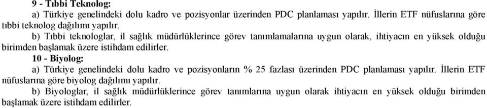 b) Tıbbi teknologlar, il sağlık müdürlüklerince görev tanımlamalarına uygun olarak, ihtiyacın en yüksek olduğu birimden başlamak üzere istihdam edilirler.