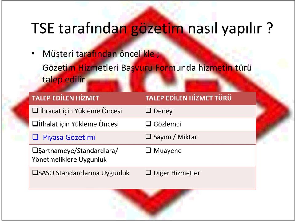 TALEP EDİLEN HİZMET İhracat için Yükleme Öncesi İthalat için Yükleme Öncesi Piyasa Gözetimi