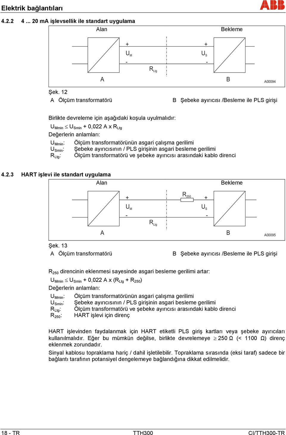 transformatörünün asgari çalışma gerilimi U Smin : Şebeke ayırıcısının / PLS girişinin asgari besleme gerilimi R Ltg : Ölçüm transformatörü ve şebeke ayırıcısı arasındaki kablo direnci 4.2.