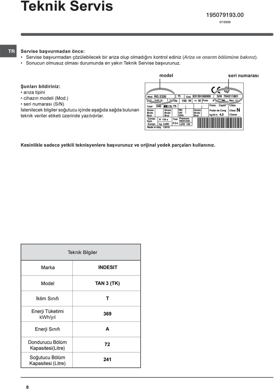 ) seri numarasý (S/N) Ýstenilecek bilgiler soðutucu içinde aþaðýda saðda bulunan teknik veriler etiketi üzerinde yazýlýdýrlar. Mod. RG 2330 TI Cod.