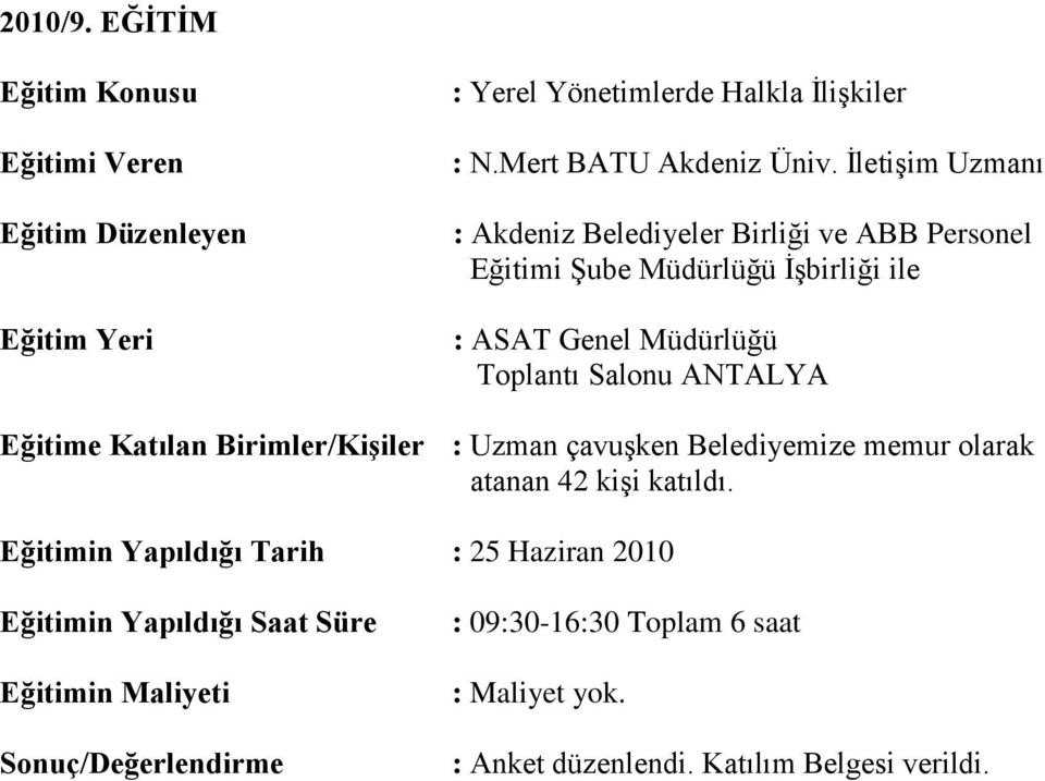 Eğitime Katılan Birimler/KiĢiler : Uzman çavuşken Belediyemize memur olarak atanan 42 kişi katıldı.