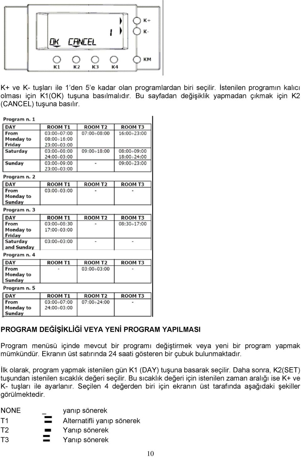 PROGRAM DEĞİŞİKLİĞİ VEYA YENİ PROGRAM YAPILMASI Program menüsü içinde mevcut bir programı değiştirmek veya yeni bir program yapmak mümkündür.