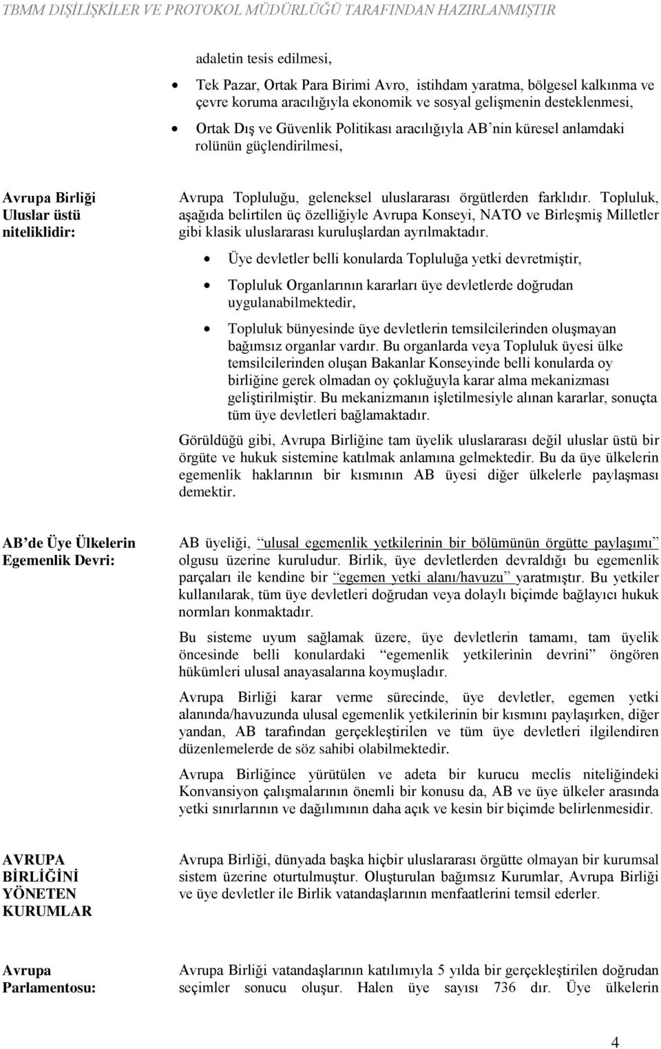 Topluluk, aşağıda belirtilen üç özelliğiyle Avrupa Konseyi, NATO ve Birleşmiş Milletler gibi klasik uluslararası kuruluşlardan ayrılmaktadır.