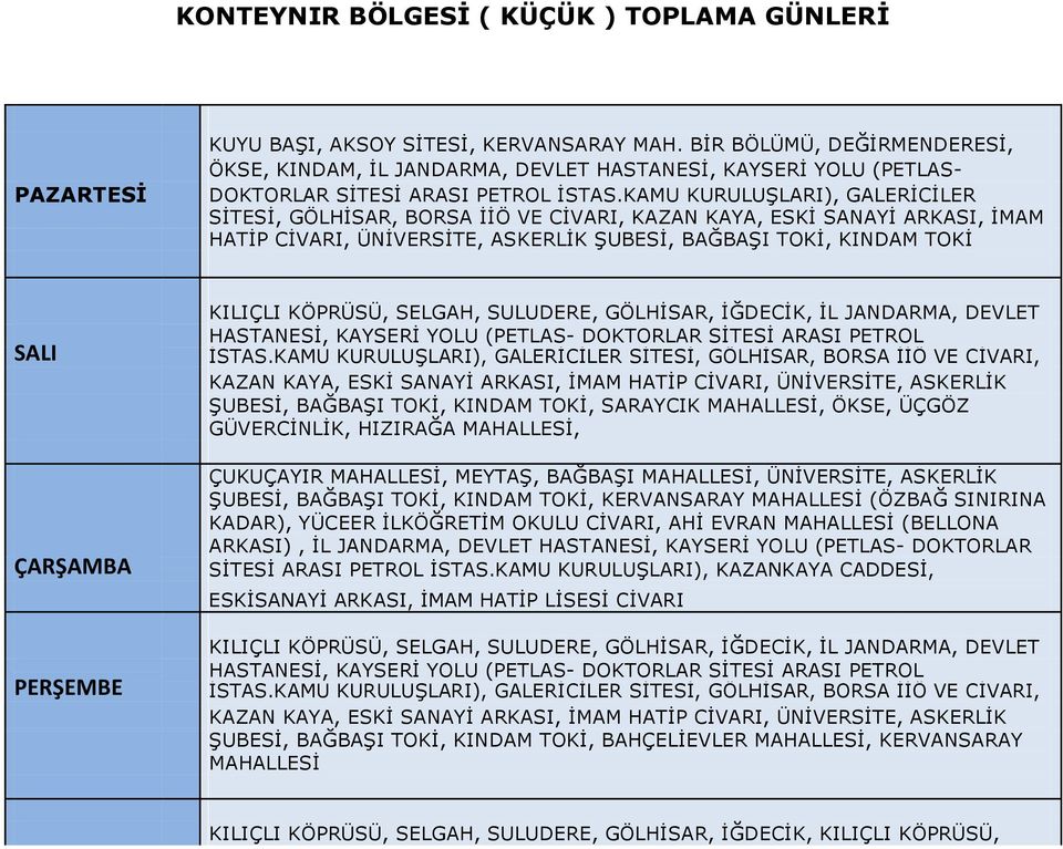 KAMU KURULUŞLARI), GALERİCİLER SİTESİ, GÖLHİSAR, BORSA İİÖ VE CİVARI, KAZAN KAYA, ESKİ SANAYİ ARKASI, İMAM HATİP CİVARI, ÜNİVERSİTE, ASKERLİK ŞUBESİ, BAĞBAŞI TOKİ, KINDAM TOKİ KILIÇLI KÖPRÜSÜ,