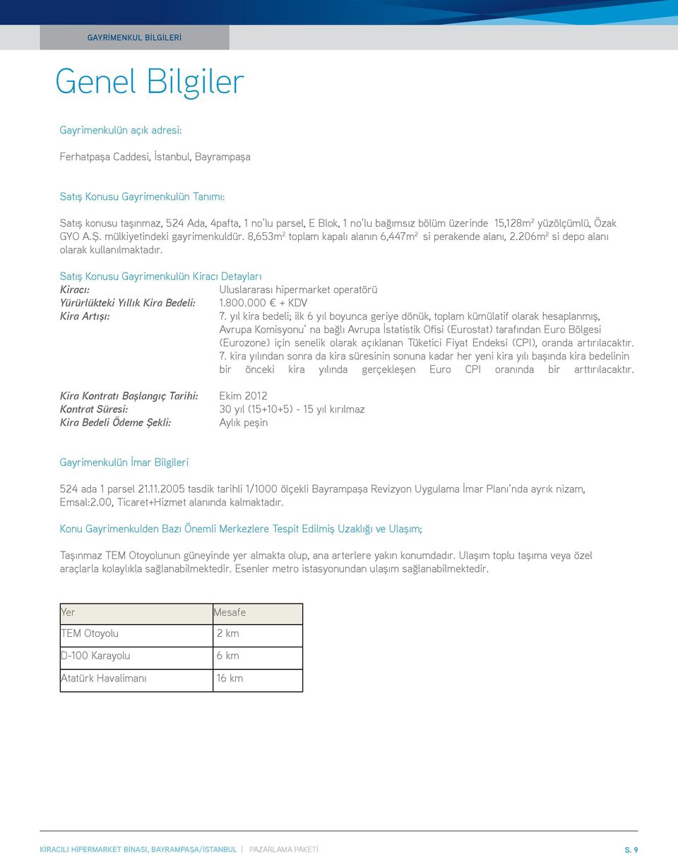 206m 2 si depo alanı olarak kullanılmaktadır. Satış Konusu Gayrimenkulün Kiracı Detayları Kiracı: Uluslararası hipermarket operatörü Yürürlükteki Yıllık Kira Bedeli: 1.800.000 + KDV Kira Artışı: 7.