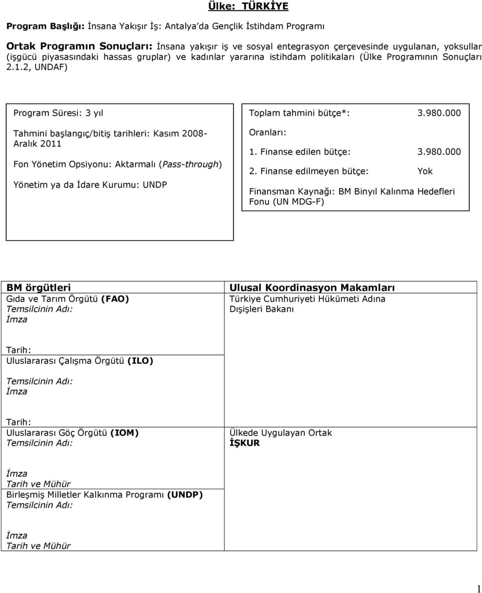 2, UNDAF) Program Süresi: 3 yıl Tahmini başlangıç/bitiş tarihleri: Kasım 2008- Aralık 2011 Fon Yönetim Opsiyonu: Aktarmalı (Pass-through) Yönetim ya da İdare Kurumu: UNDP Toplam tahmini bütçe*: 3.980.