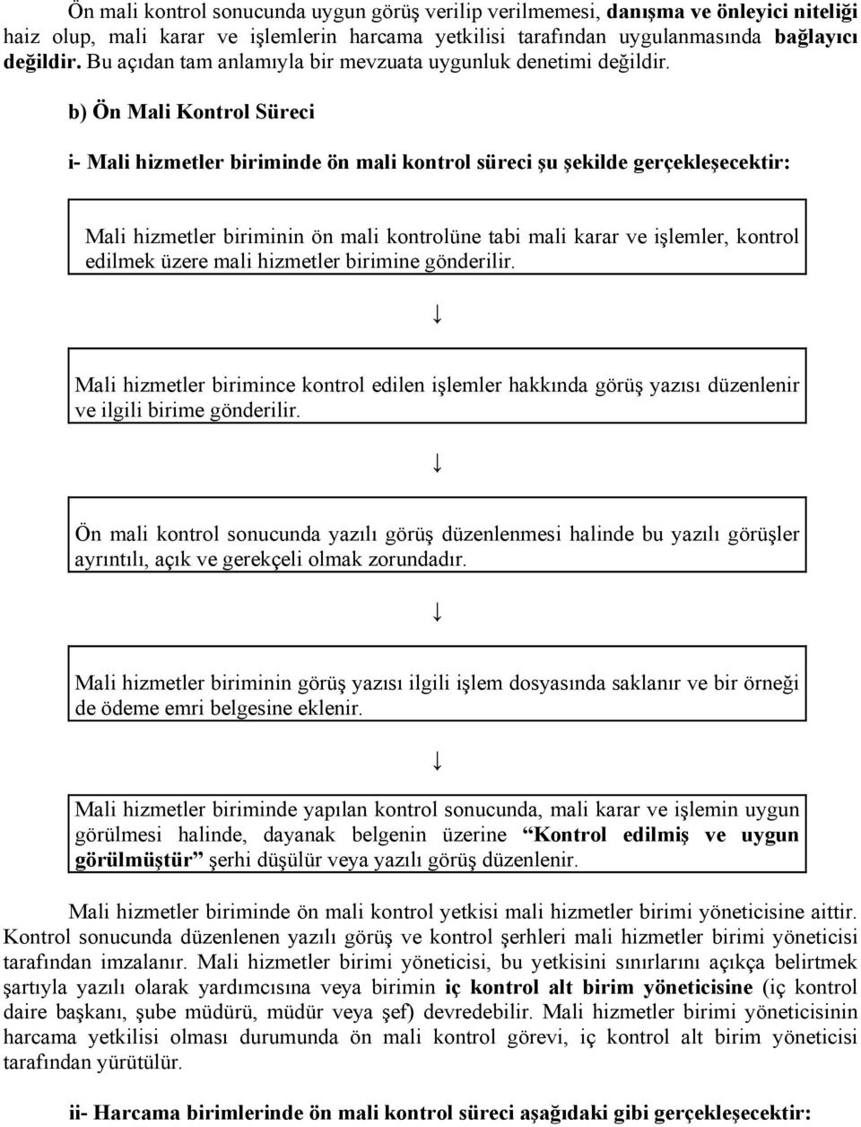 b) Ön Mali Kontrol Süreci i- Mali hizmetler biriminde ön mali kontrol süreci şu şekilde gerçekleşecektir: Mali hizmetler biriminin ön mali kontrolüne tabi mali karar ve işlemler, kontrol edilmek