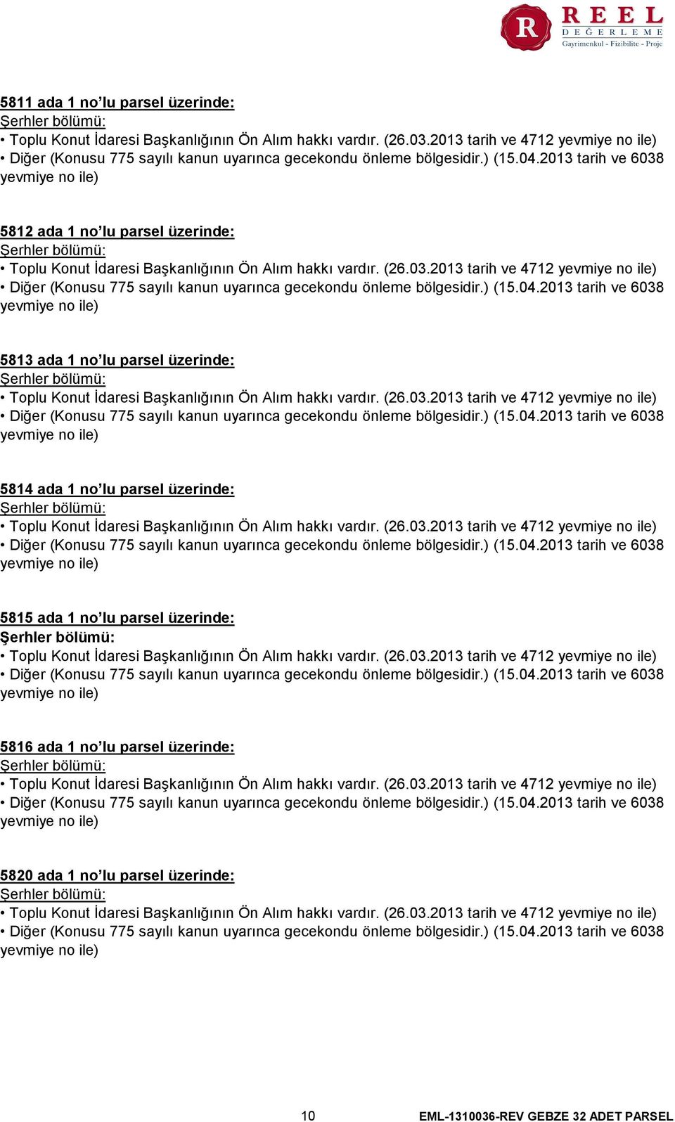 2013 tarih ve 4712 5813 ada 1 no lu parsel üzerinde: Toplu Konut İdaresi Başkanlığının Ön Alım hakkı vardır. (26.03.