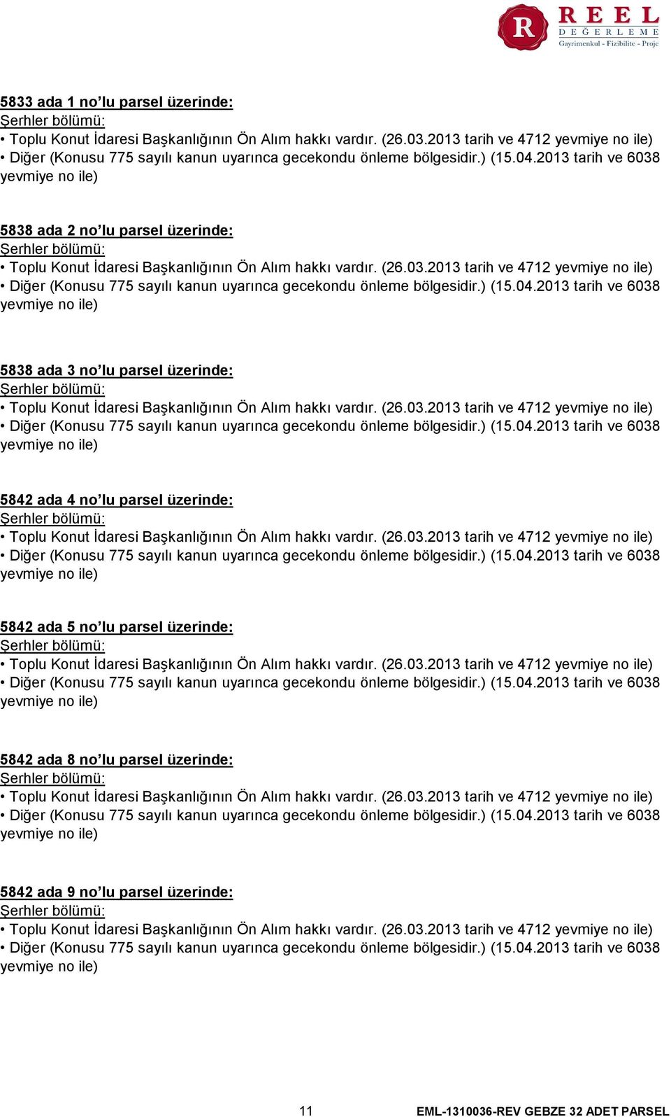 2013 tarih ve 4712 5838 ada 3 no lu parsel üzerinde: Toplu Konut İdaresi Başkanlığının Ön Alım hakkı vardır. (26.03.