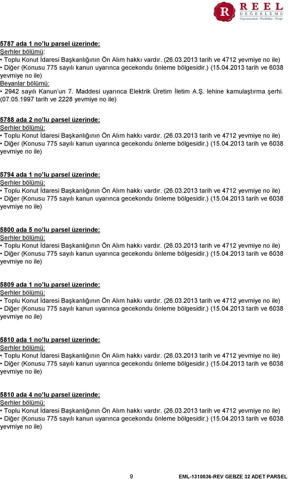 2013 tarih ve 4712 5794 ada 1 no lu parsel üzerinde: Toplu Konut İdaresi Başkanlığının Ön Alım hakkı vardır. (26.03.