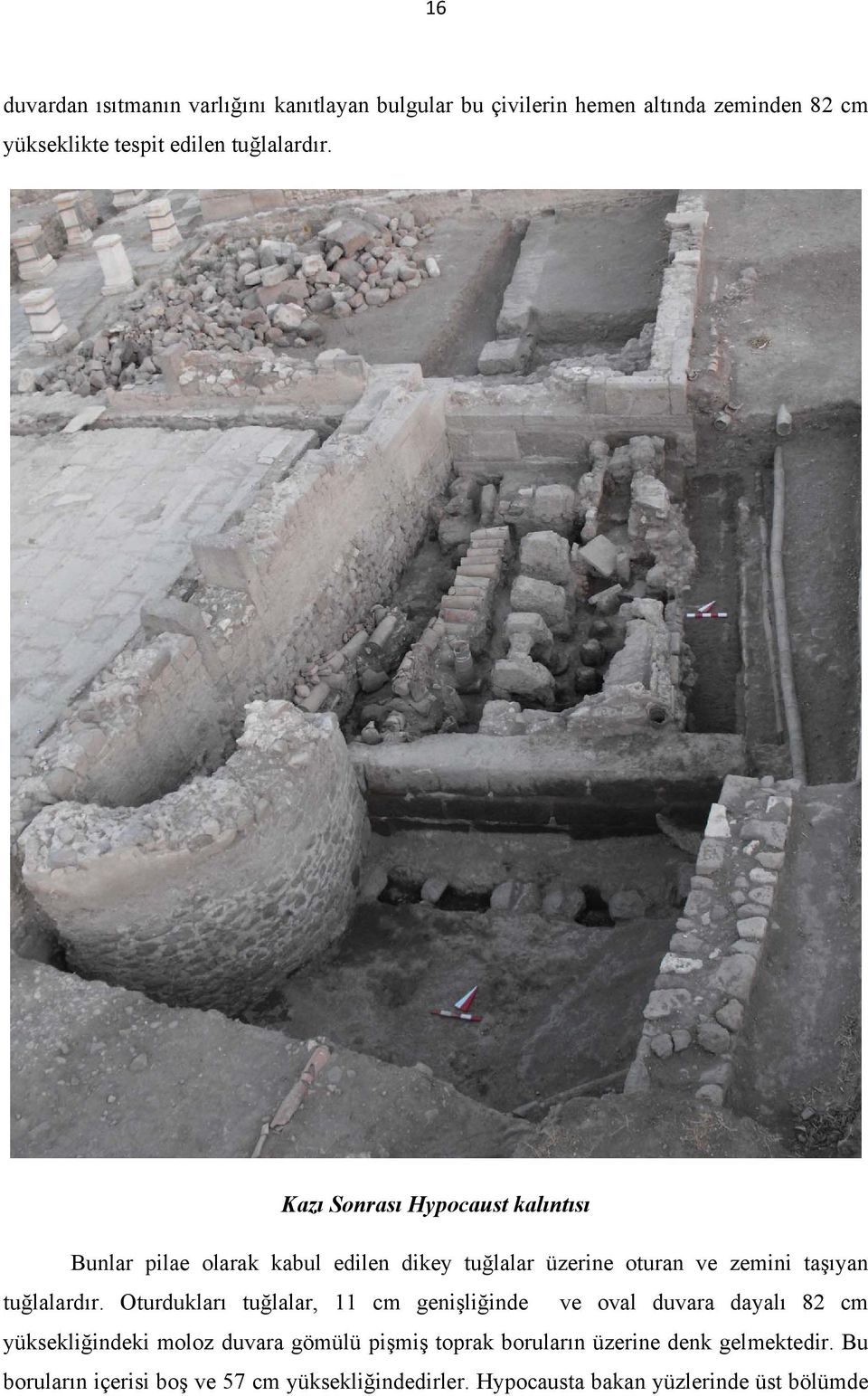 Kazı Sonrası Hypocaust kalıntısı Bunlar pilae olarak kabul edilen dikey tuğlalar üzerine oturan ve zemini taşıyan  Oturdukları