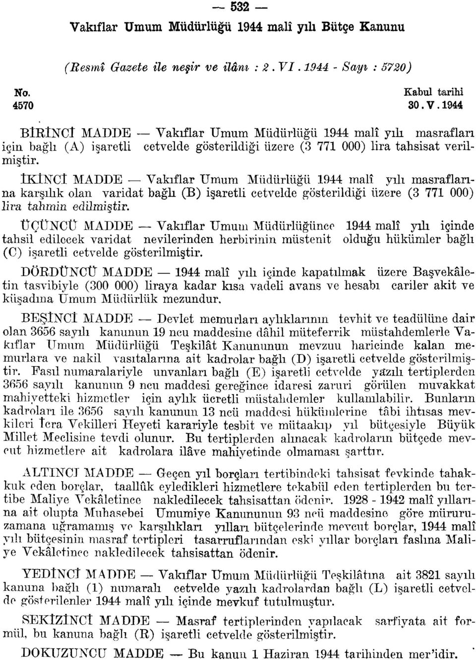 İKİNCİ MADDE Vakıflar Umum Müdürlüğü malî yılı masraflarına karşılık olan varidat bağlı (B) işaretli cetvelde gösterildiği üzere ( 77 000) lira tahmin, edilmiştir.