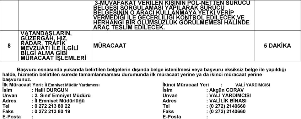 MÜRACAAT 5 DAKİKA Başvuru esnasında yukarıda belirtilen belgelerin dışında belge istenilmesi veya başvuru eksiksiz belge ile yapıldığı halde, hizmetin belirtilen sürede tamamlanmaması durumunda ilk