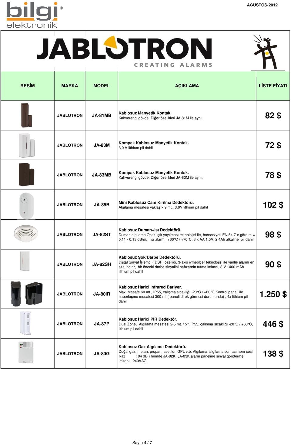 Duman alg lama Optik k yay lmas teknolojisi ile, hassasiyeti EN 54-7 e göre m = 0.11-0.13 db/m, Is alarm +60 C / +70 C, 3 x AA 1.5V; 2.4Ah alkaline pil dahil 98 $ JA-82SH Kablosuz ok/darbe Dedektörü.