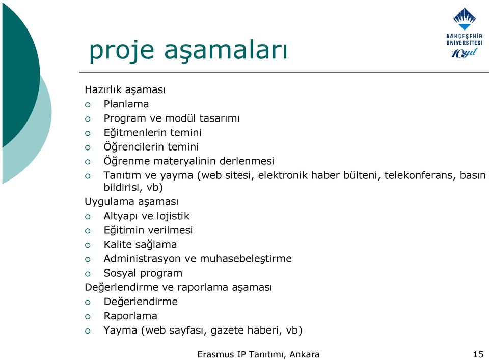 Uygulama aşaması Altyapı ve lojistik Eğitimin verilmesi Kalite sağlama Administrasyon ve muhasebeleştirme Sosyal program