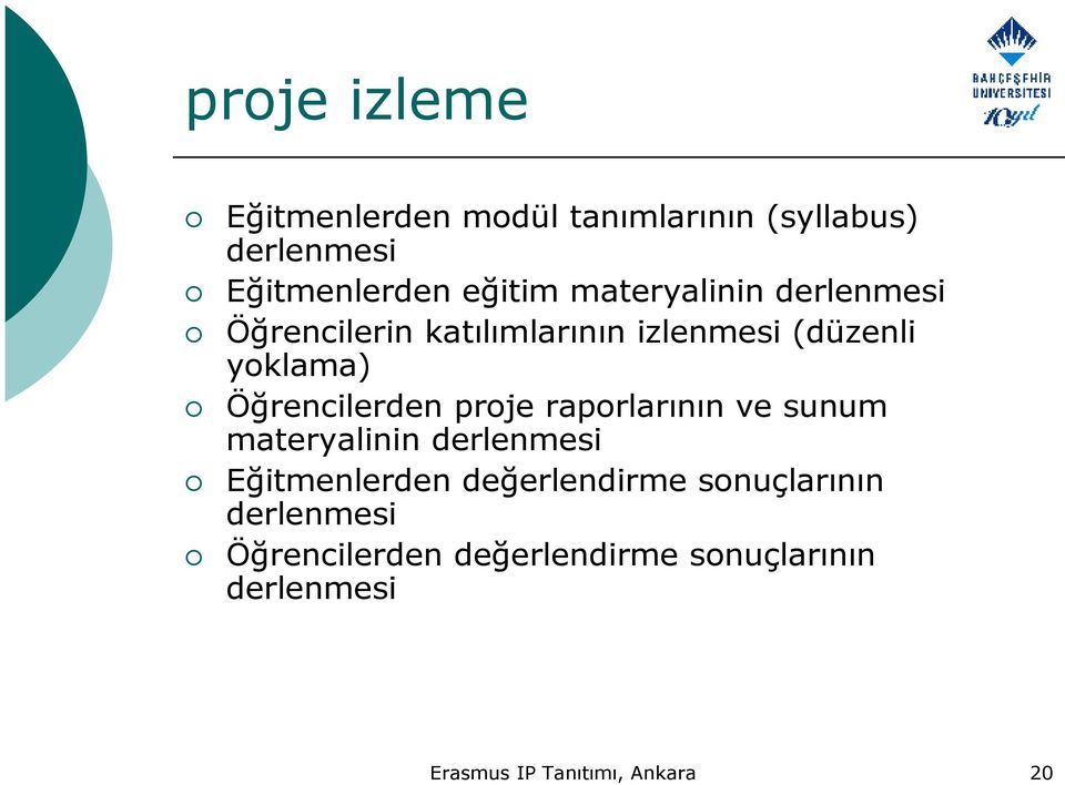 Öğrencilerden proje raporlarının ve sunum materyalinin derlenmesi Eğitmenlerden