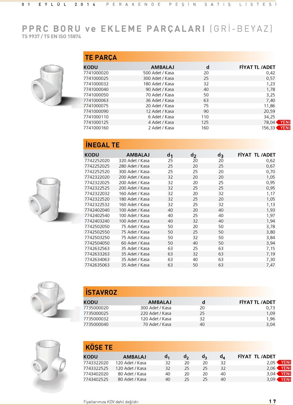 Adet / Kasa 75 11,86 7741000090 12 Adet / Kasa 90 20,59 7741000110 6 Adet / Kasa 110 34,25 7741000125 4 Adet / Kasa 125 78,04 7741000160 2 Adet / Kasa 160 156,33 NEGAL TE KODU AMBALAJ d 1 d 2 d 3 F