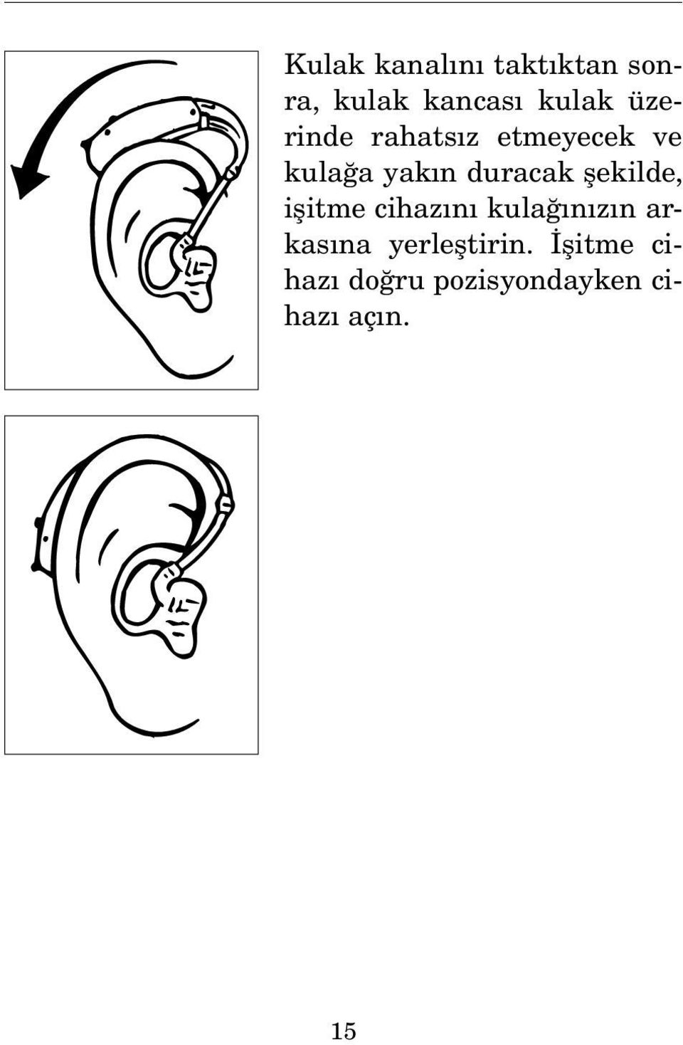şekilde, işitme cihazını kulağınızın arkasına