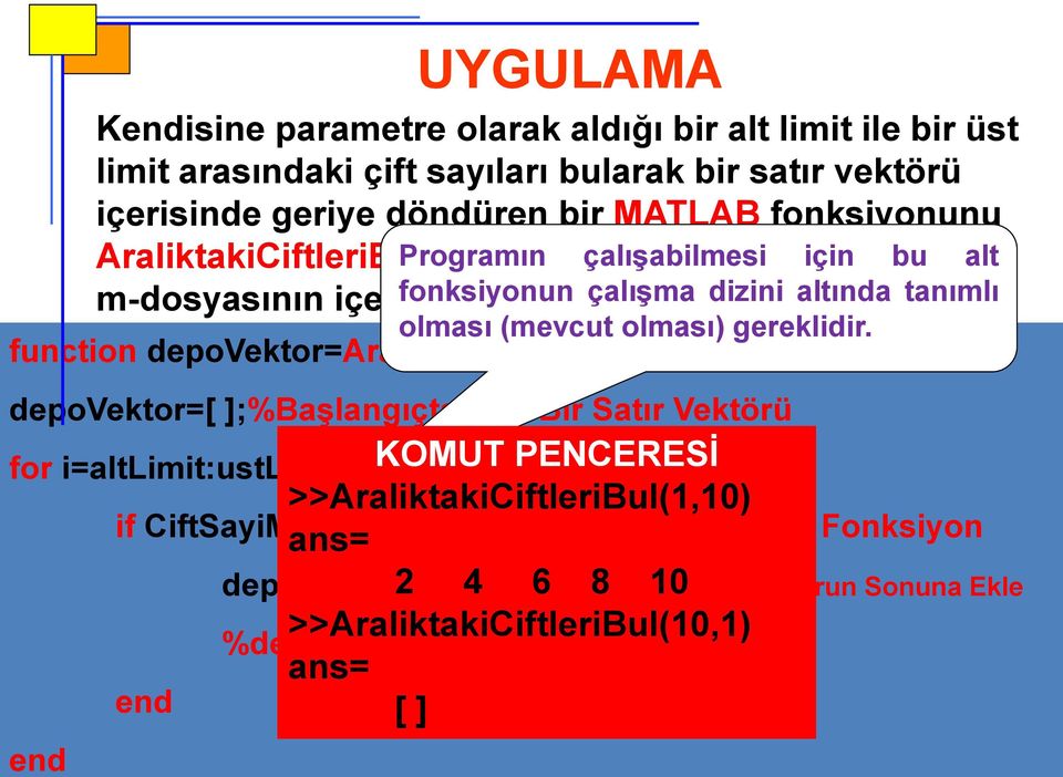 Fonksiyon UYGULAMA Kisine parametre olarak aldığı bir alt limit ile bir üst limit arasındaki çift sayıları bularak bir satır vektörü içerisinde geriye döndüren bir MATLAB fonksiyonunu