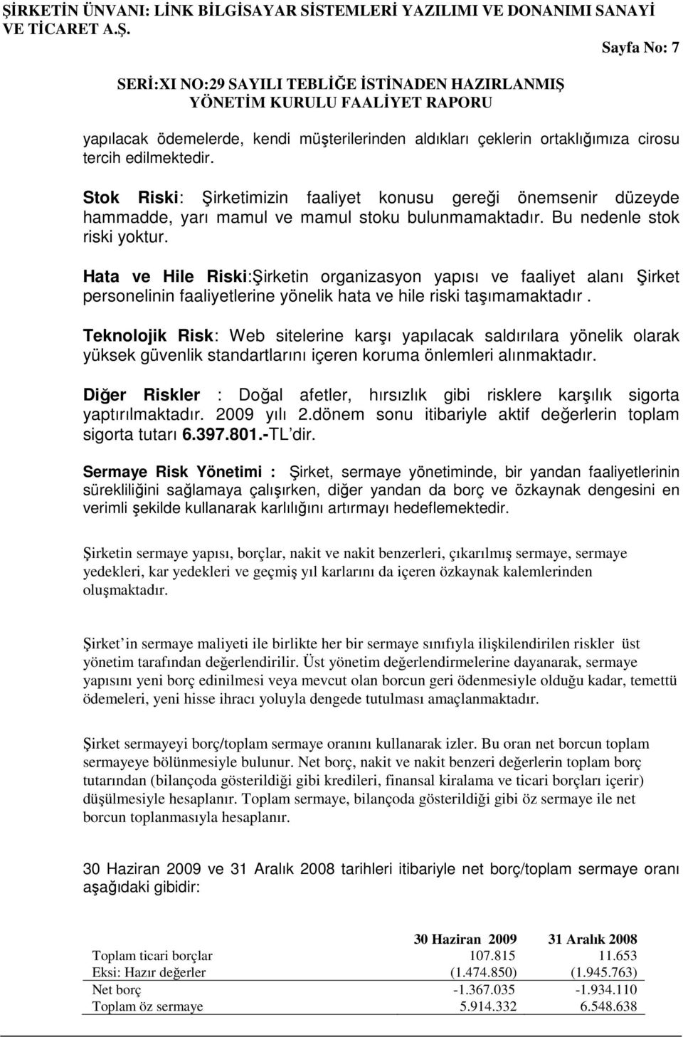 Hata ve Hile Riski:Şirketin organizasyon yapısı ve faaliyet alanı Şirket personelinin faaliyetlerine yönelik hata ve hile riski taşımamaktadır.