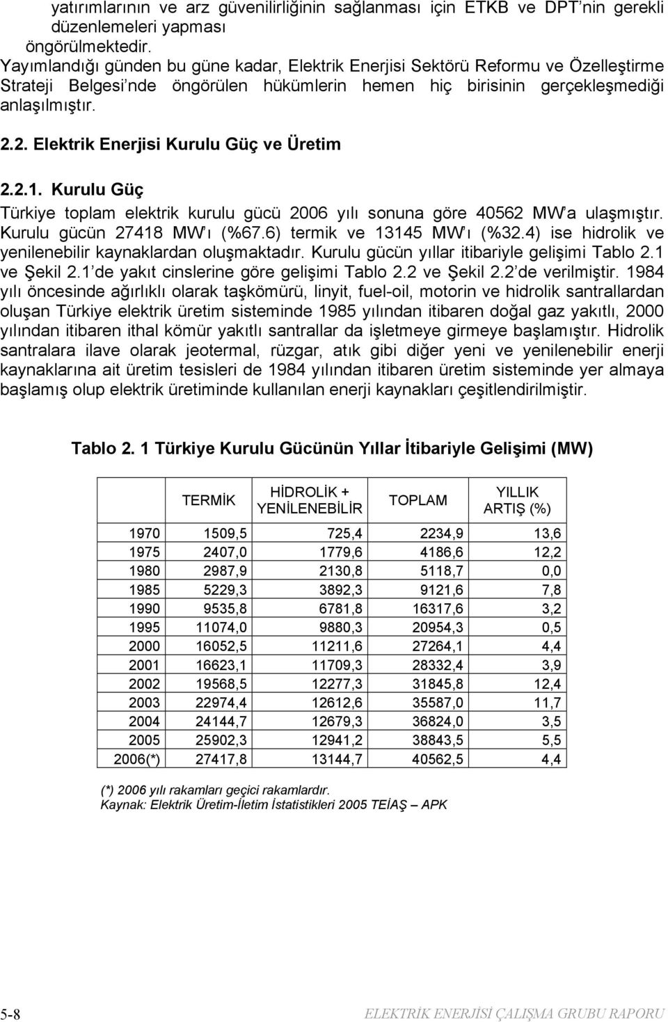2. Elektrik Enerjisi Kurulu Güç ve Üretim 2.2.1. Kurulu Güç Türkiye toplam elektrik kurulu gücü 2006 yılı sonuna göre 40562 MW a ulaşmıştır. Kurulu gücün 27418 MW ı (%67.6) termik ve 13145 MW ı (%32.