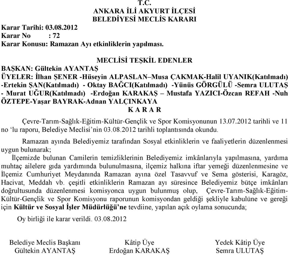 Mustafa YAZICI-Özcan REFAH -Nuh ÖZTEPE-Yaşar BAYRAK-Adnan YALÇINKAYA Çevre-Tarım-Sağlık-Eğitim-Kültür-Gençlik ve Spor Komisyonunun 13.07.2012 tarihli ve 11 no lu raporu, Belediye Meclisi nin 03.08.