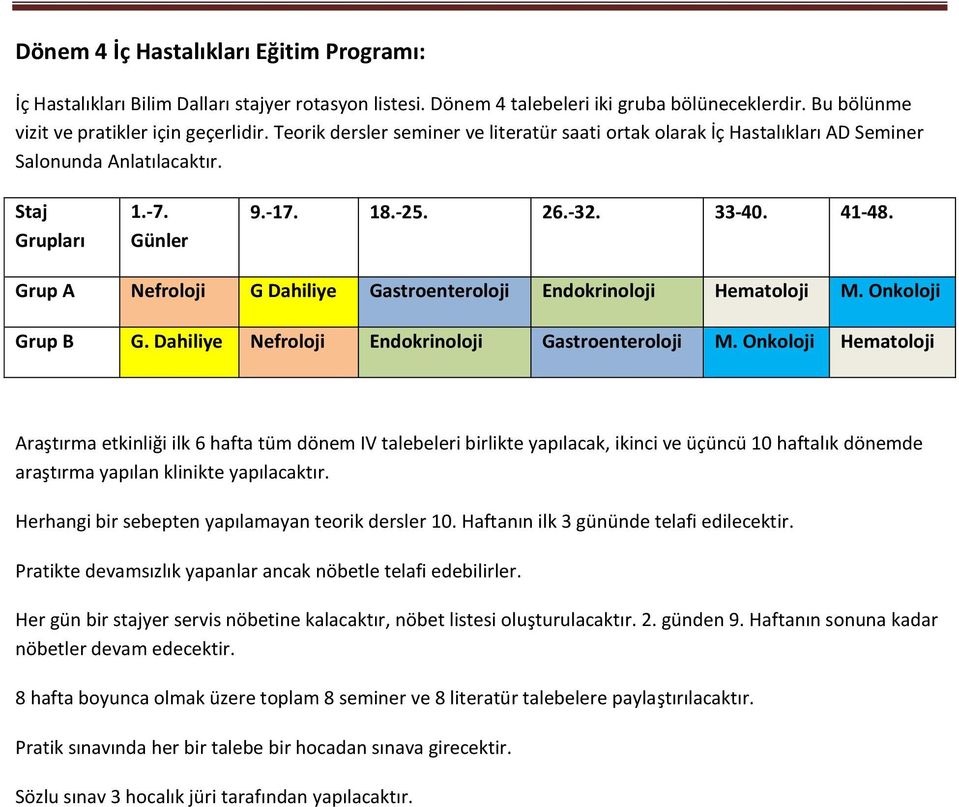 Grup A Nefroloji G Dahiliye Gastroenteroloji Endokrinoloji Hematoloji M. Onkoloji Grup B G. Dahiliye Nefroloji Endokrinoloji Gastroenteroloji M.