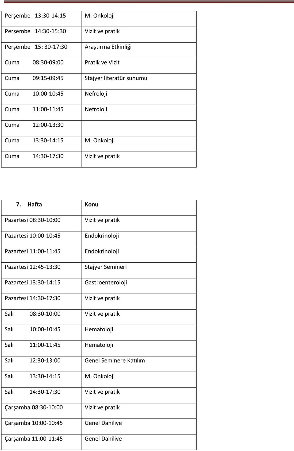 13:30-14:15 M. Onkoloji Cuma 14:30-17:30 7.