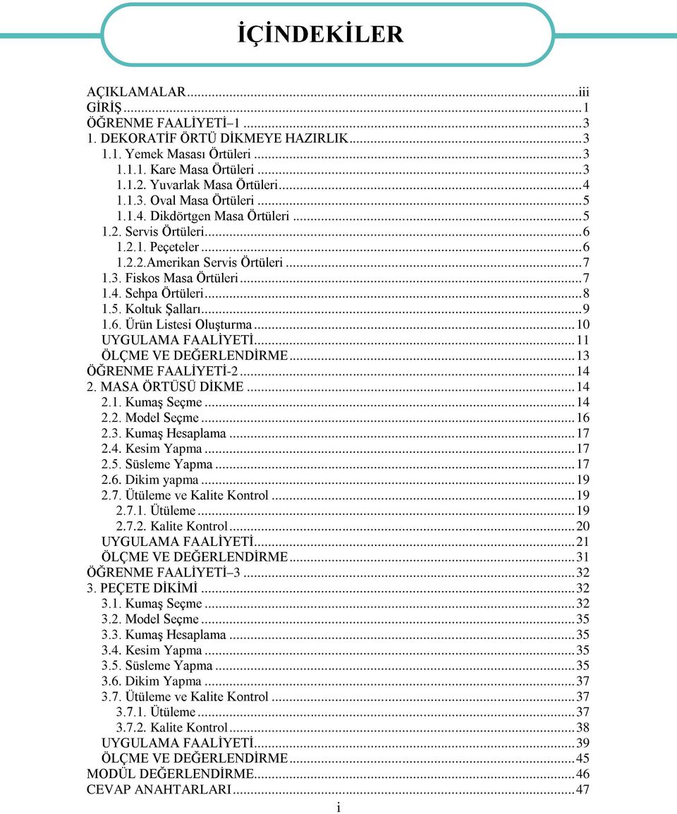 .. 8 1.5. Koltuk Şalları... 9 1.6. Ürün Listesi Oluşturma... 10 UYGULAMA FAALİYETİ... 11 ÖLÇME VE DEĞERLENDİRME... 13 ÖĞRENME FAALİYETİ-2... 14 2. MASA ÖRTÜSÜ DİKME... 14 2.1. Kumaş Seçme... 14 2.2. Model Seçme.