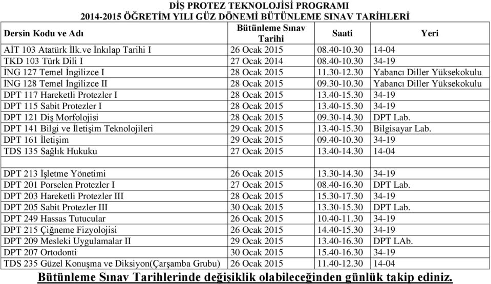 DPT 161 İletişim 29 Ocak 2015 09.40-10.30 34-19 TDS 135 Sağlık Hukuku 27 Ocak 2015 13.40-14.30 14-04 DPT 213 İşletme Yönetimi 26 Ocak 2015 13.30-14.