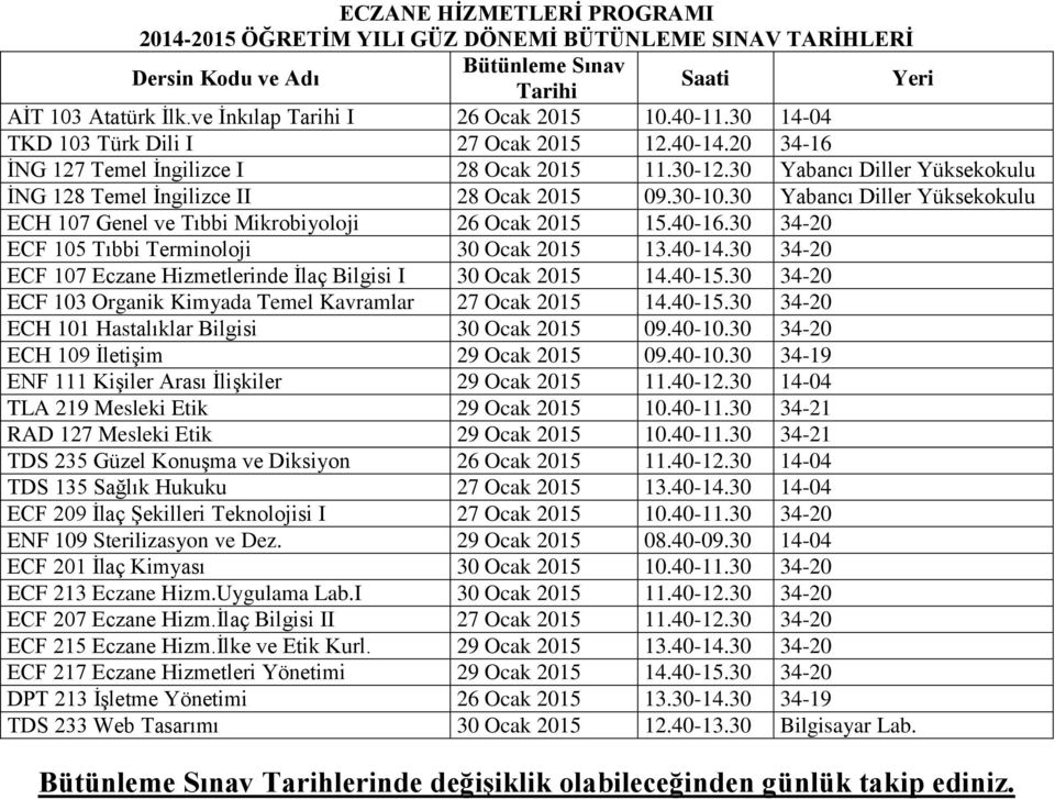 30 34-20 ECF 103 Organik Kimyada Temel Kavramlar 27 Ocak 2015 14.40-15.30 34-20 ECH 101 Hastalıklar Bilgisi 30 Ocak 2015 09.40-10.30 34-20 ECH 109 İletişim 29 Ocak 2015 09.40-10.30 34-19 ENF 111 Kişiler Arası İlişkiler 29 Ocak 2015 11.