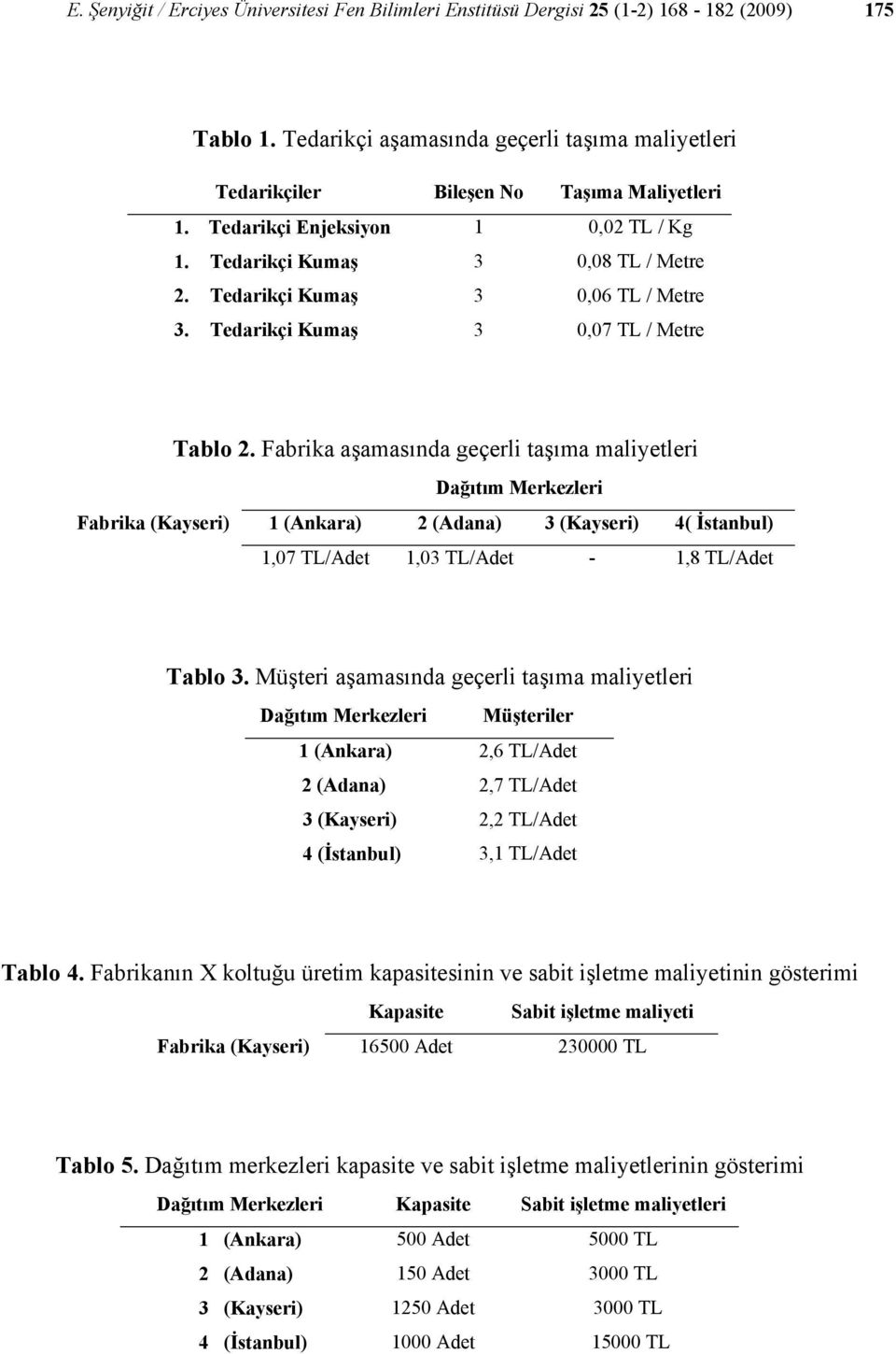 Fabria aşamasında geçerli taşıma maliyetleri Dağıtım Merezleri Fabria (Kayseri) 1 (Anara) 2 (Adana) 3 (Kayseri) 4( İstanbul) 1,07 TL/Adet 1,03 TL/Adet - 1,8 TL/Adet Tablo 3.