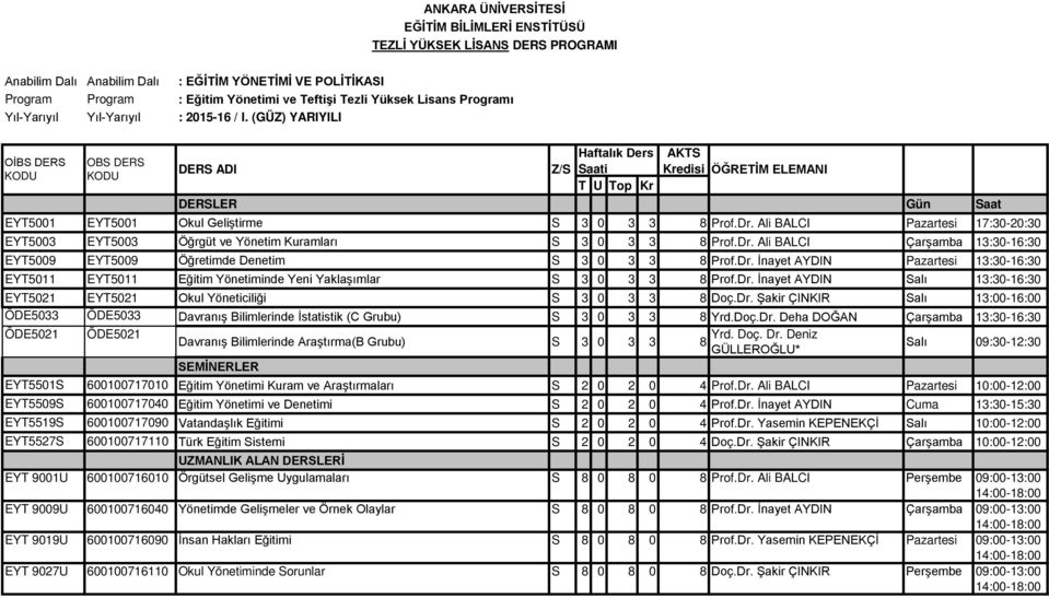 Ali BALCI Çarşamba 13:30-16:30 EYT5009 EYT5009 Öğretimde Denetim S 3 0 3 3 8 Prof.Dr. İnayet AYDIN Pazartesi 13:30-16:30 EYT5011 EYT5011 Eğitim Yönetiminde Yeni Yaklaşımlar S 3 0 3 3 8 Prof.Dr. İnayet AYDIN Salı 13:30-16:30 EYT5021 EYT5021 Okul Yöneticiliği S 3 0 3 3 8 Doç.
