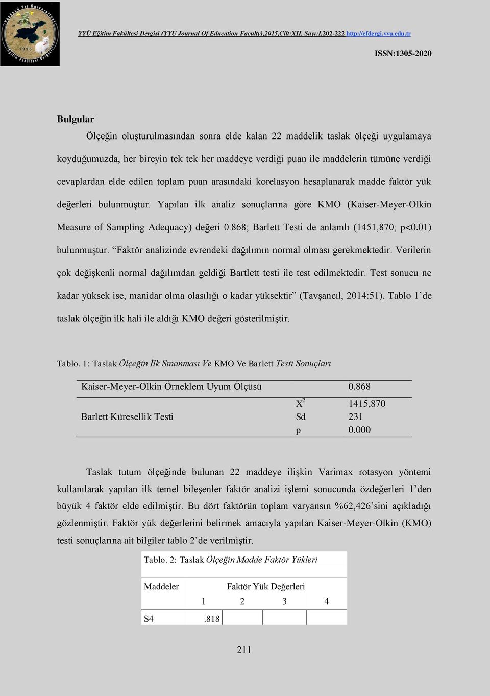 868; Barlett Testi de anlamlı (1451,870; p<0.01) bulunmuştur. Faktör analizinde evrendeki dağılımın normal olması gerekmektedir.