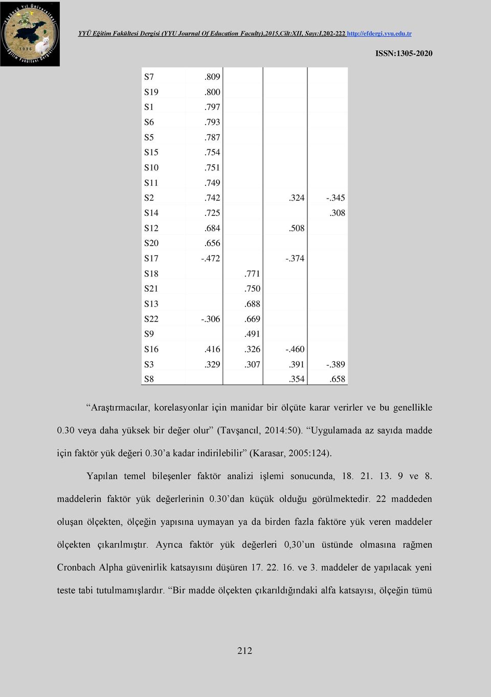 Uygulamada az sayıda madde için faktör yük değeri 0.30 a kadar indirilebilir (Karasar, 2005:124). Yapılan temel bileşenler faktör analizi işlemi sonucunda, 18. 21. 13. 9 ve 8.